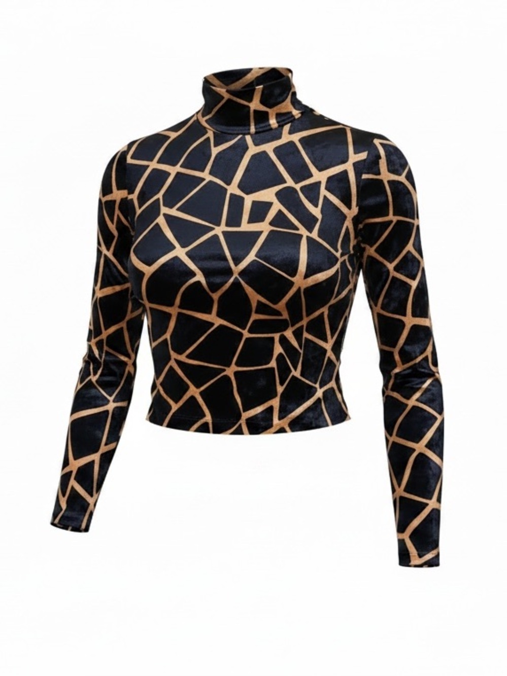 Metallic Grid-Print Velvet Long-Sleeve Top in Navy and Gold